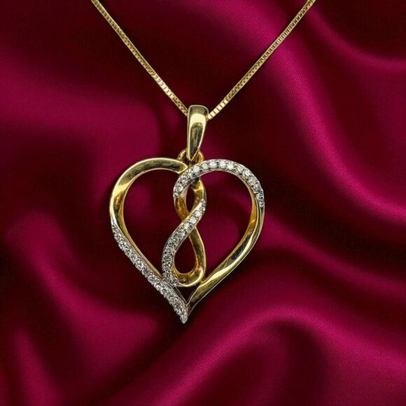 10K Gold- Open Heart Natural Diamond Necklace -18" Box Chain- 1/5 CT T.W. -2.4g - Picture 11 of 16